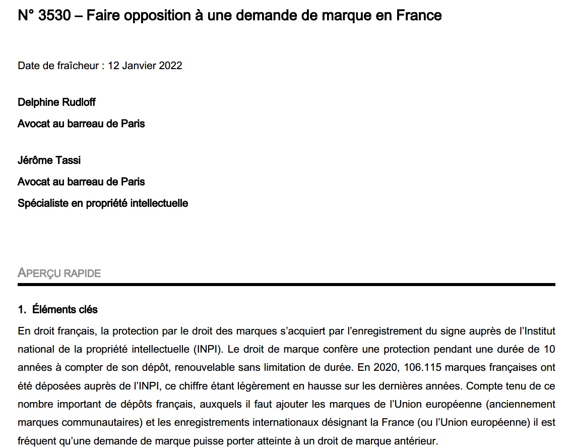 Publication sur Lexis360 de notre fiche pratique mise à jour sur l'opposition contre une demande de marque en France