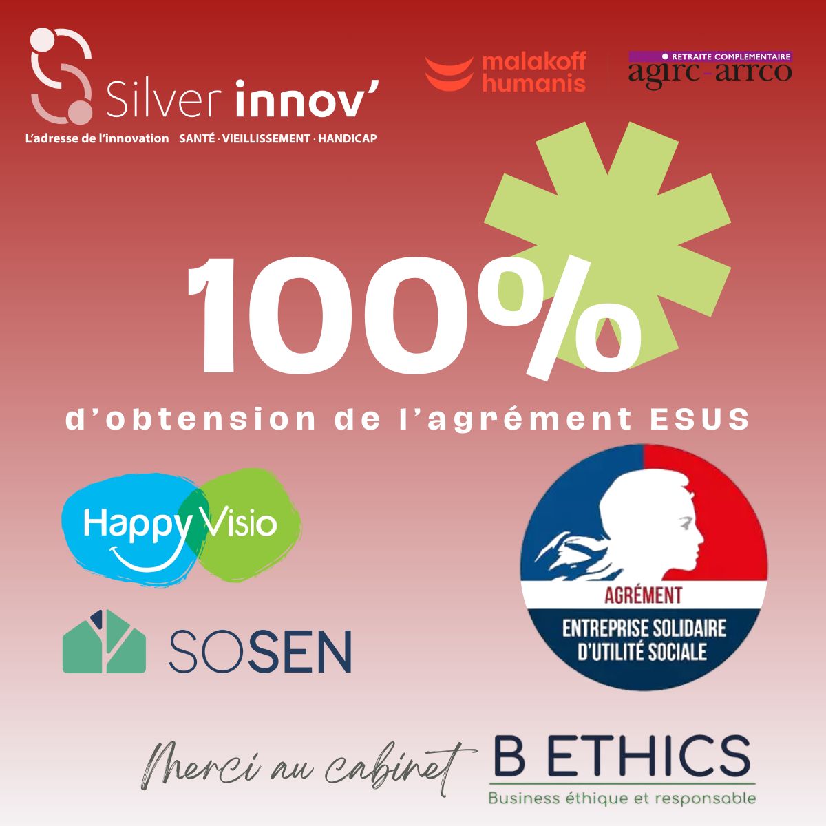 100% de succès !  100 % d'obtention de l'agrément ESUS par le cabinet B ETHICS - Structures de l'ESS - Economie Sociale et Solidaire