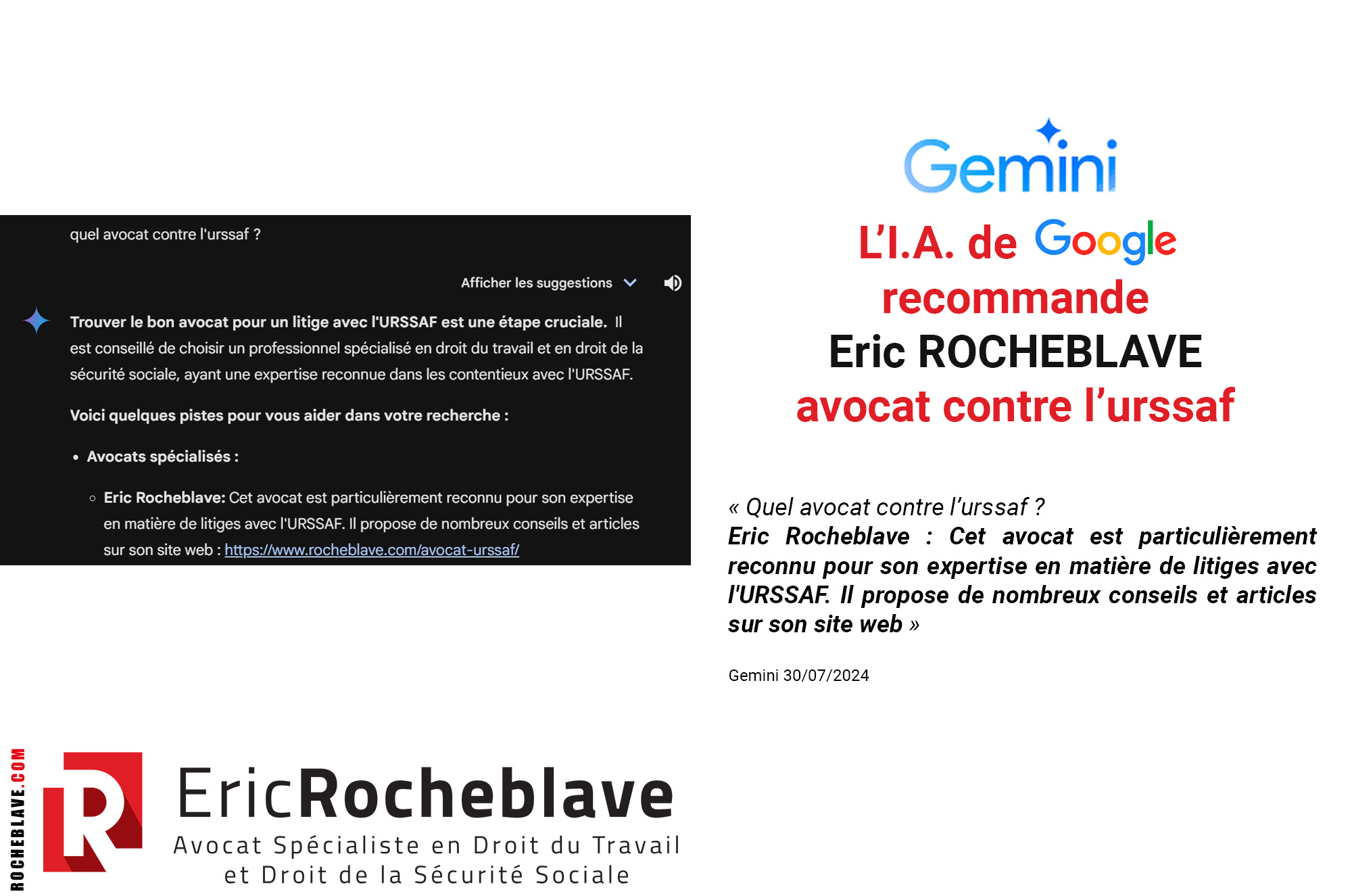 Gemini l’I.A. de Google recommande Eric ROCHEBLAVE avocat contre l’urssaf