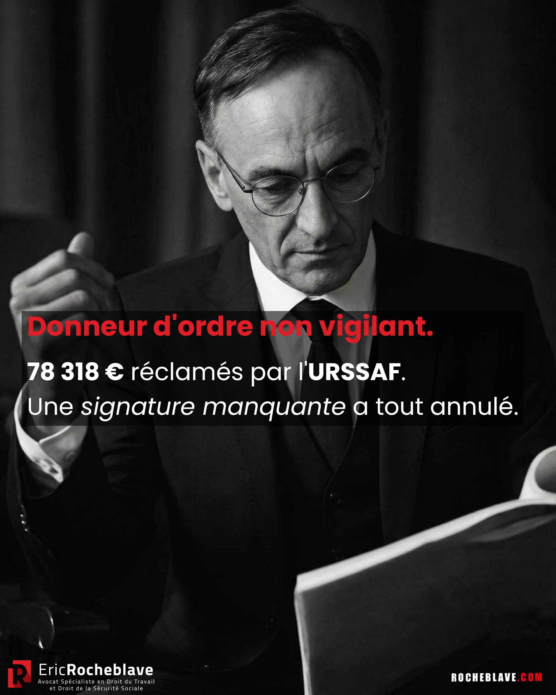Donneur d'ordre non vigilant. 78 318 € réclamés par l'URSSAF. Une signature manquante a tout annulé.