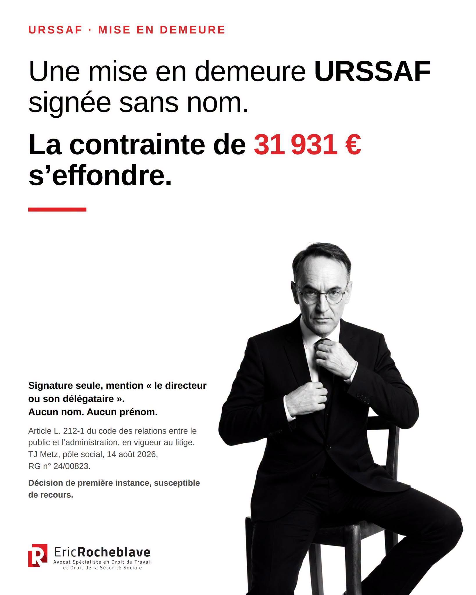 Une mise en demeure URSSAF signée sans nom.  La contrainte de 31 931 € s'effondre.