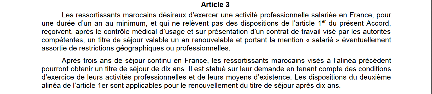  Ressortissant marocain : titre de séjour salarié prévu à l’article 3 de l’accord franco-marocain