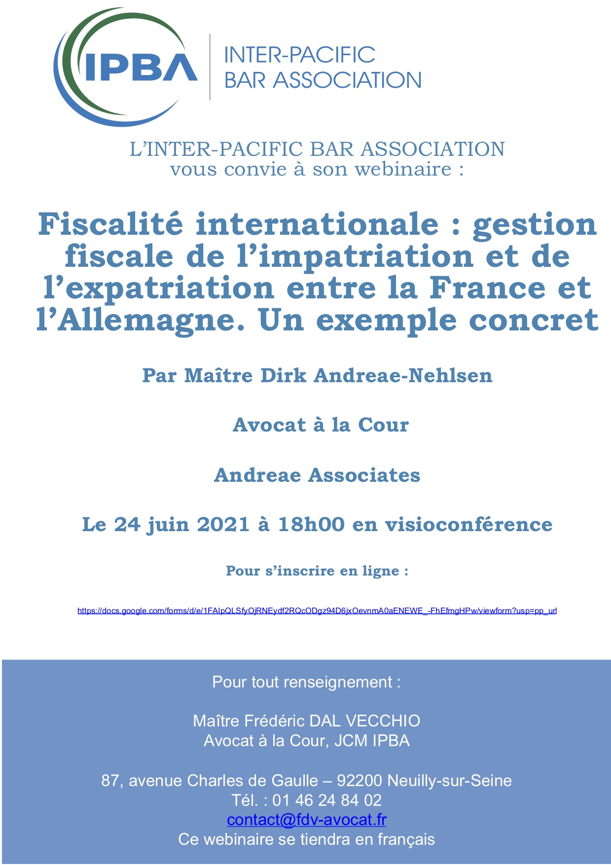 IPBA - Webinaire 24 juin 2021 (18h00) - Fiscalité internationale : gestion fiscale de l’impatriation et de l’expatriation entre la France et l’Allemagne. Un exemple concret