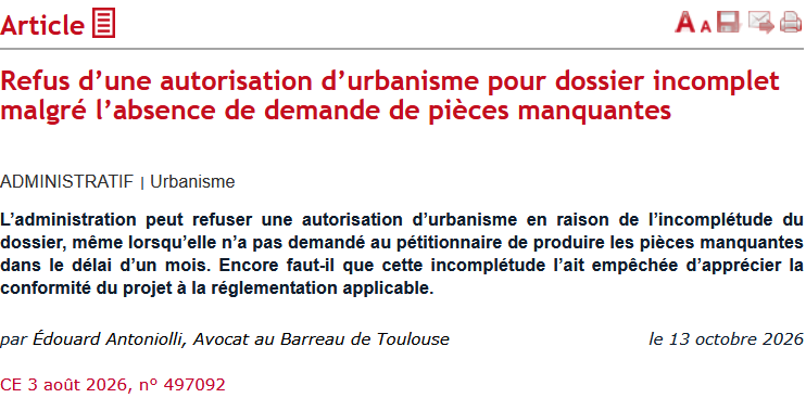 Parution, au Dalloz Actualité, de mon article intitulé " Refus d’une autorisation d’urbanisme pour dossier incomplet malgré l’absence de demande de pièces manquantes "