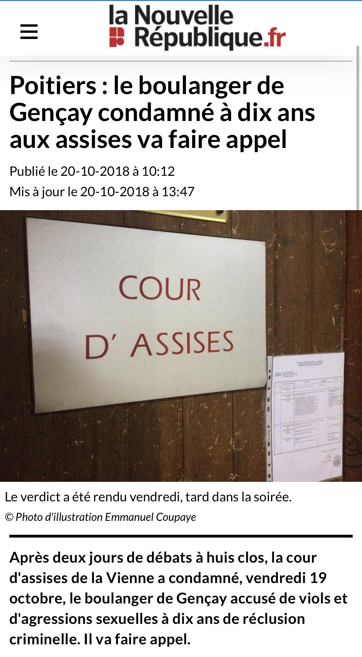 Poitiers : le boulanger de Gençay condamné à dix ans aux assises va faire appel
