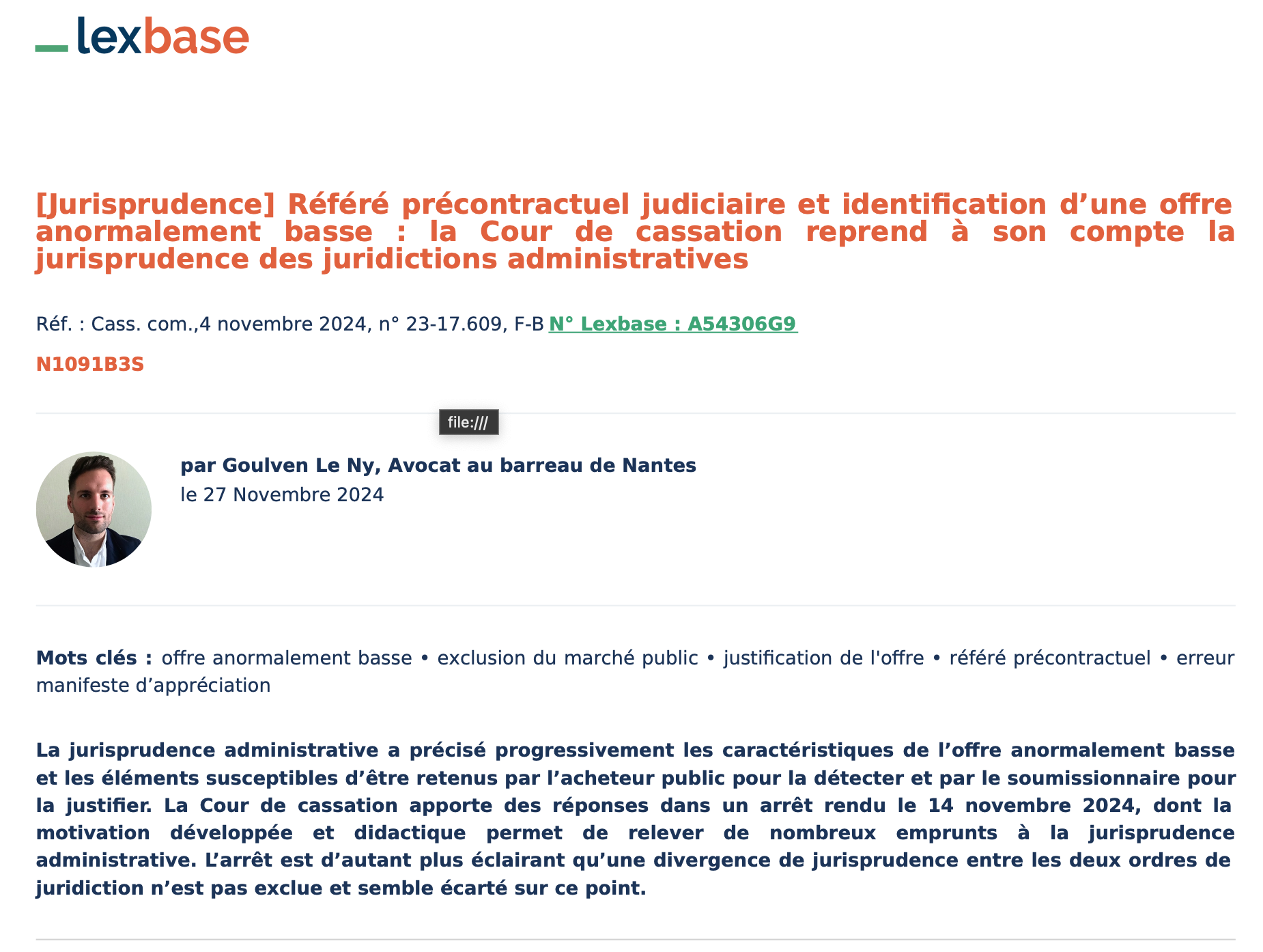 Référé précontractuel judiciaire et identification d’une offre anormalement basse : la Cour de cassation reprend à son compte la jurisprudence des juridictions administratives