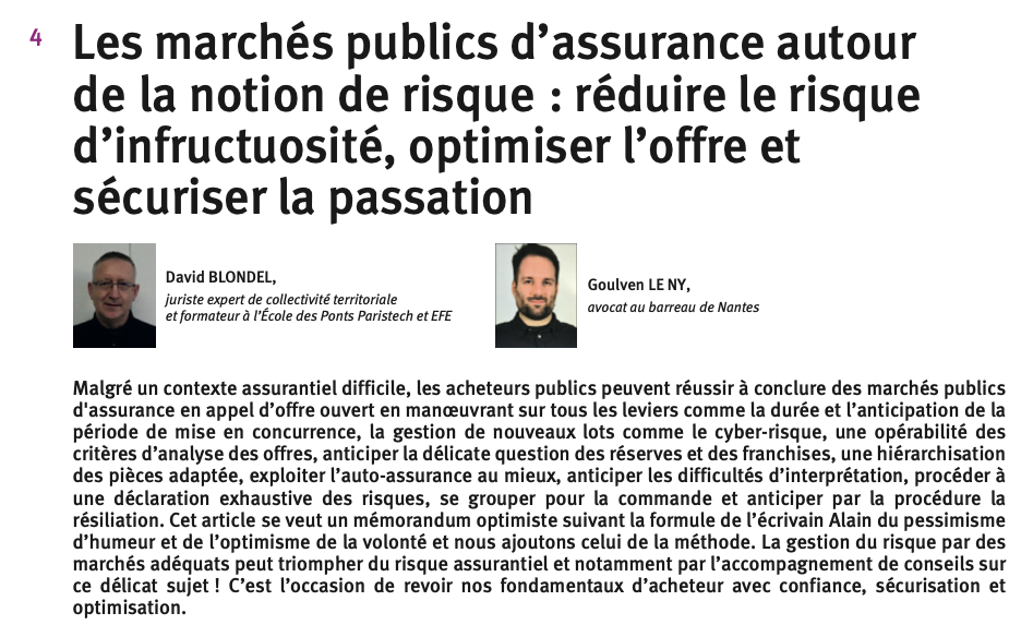 Les marchés publics d’assurance autour de la notion de risque : réduire le risque d’infructuosité, optimiser l’offre et sécuriser la passation
