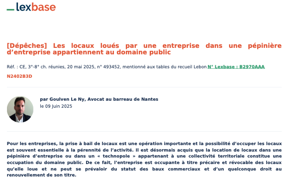 Les locaux loués par une entreprise dans une pépinière d’entreprise appartiennent au domaine public