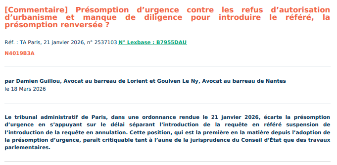 Présomption d’urgence contre les refus d’autorisation d’urbanisme et manque de diligence pour introduire le référé, la présomption renversée ?