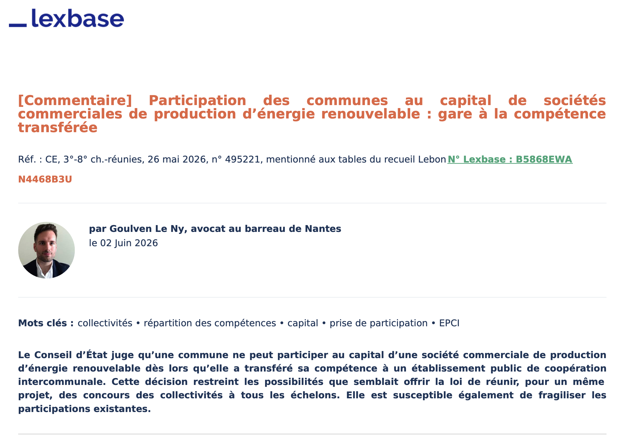 Participation des communes au capital de sociétés commerciales de production d’énergie renouvelable : gare à la compétence transférée