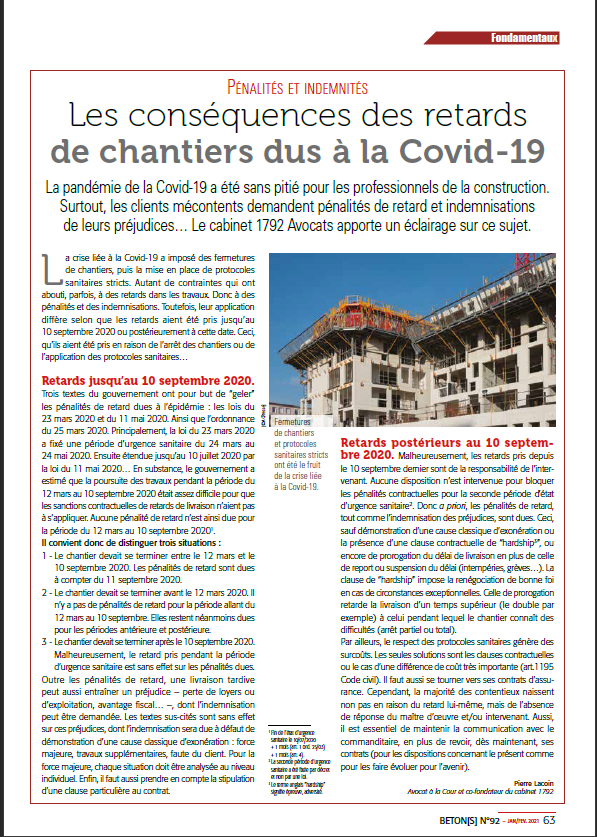 Les conséquences de retard de chantiers / livraison dus à la Covid 19