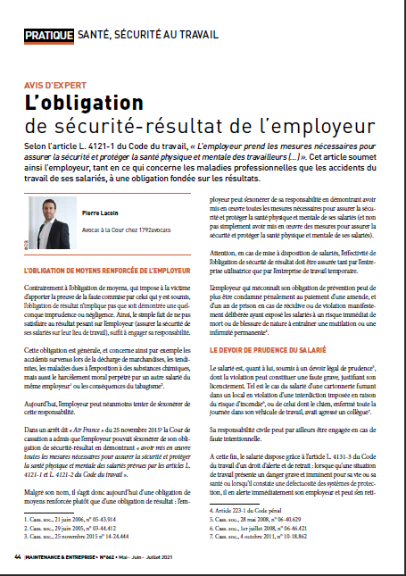 L'obligation de sécurité-résultat de l'employeur (vis-à-vis de ses salariés)