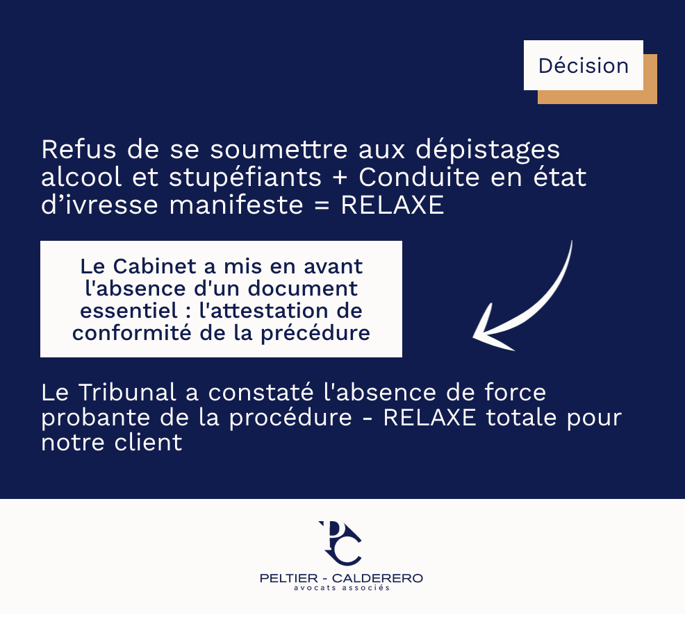 Refus de se soumettre aux dépistages alcool et stupéfiants + Conduite en état d'ivresse manifeste = RELAXE