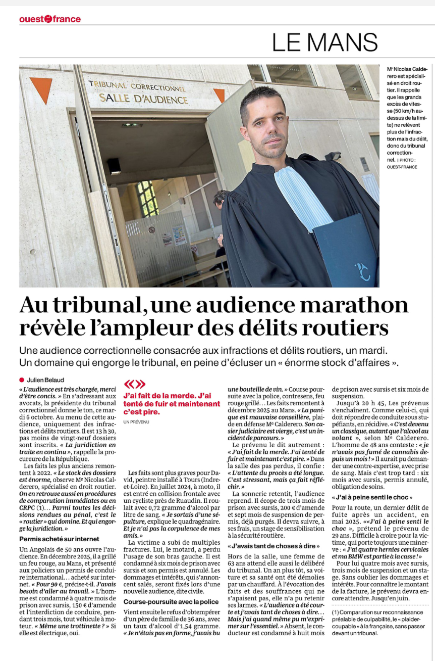 Délits routiers au Mans : Me Nicolas Calderero interrogé par Ouest-France