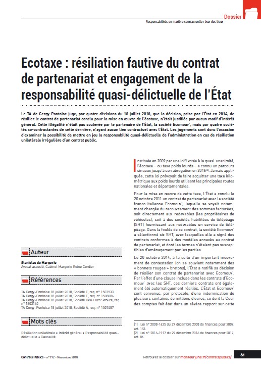 Ecotaxe: résiliation fautive du contrat de partenariat 