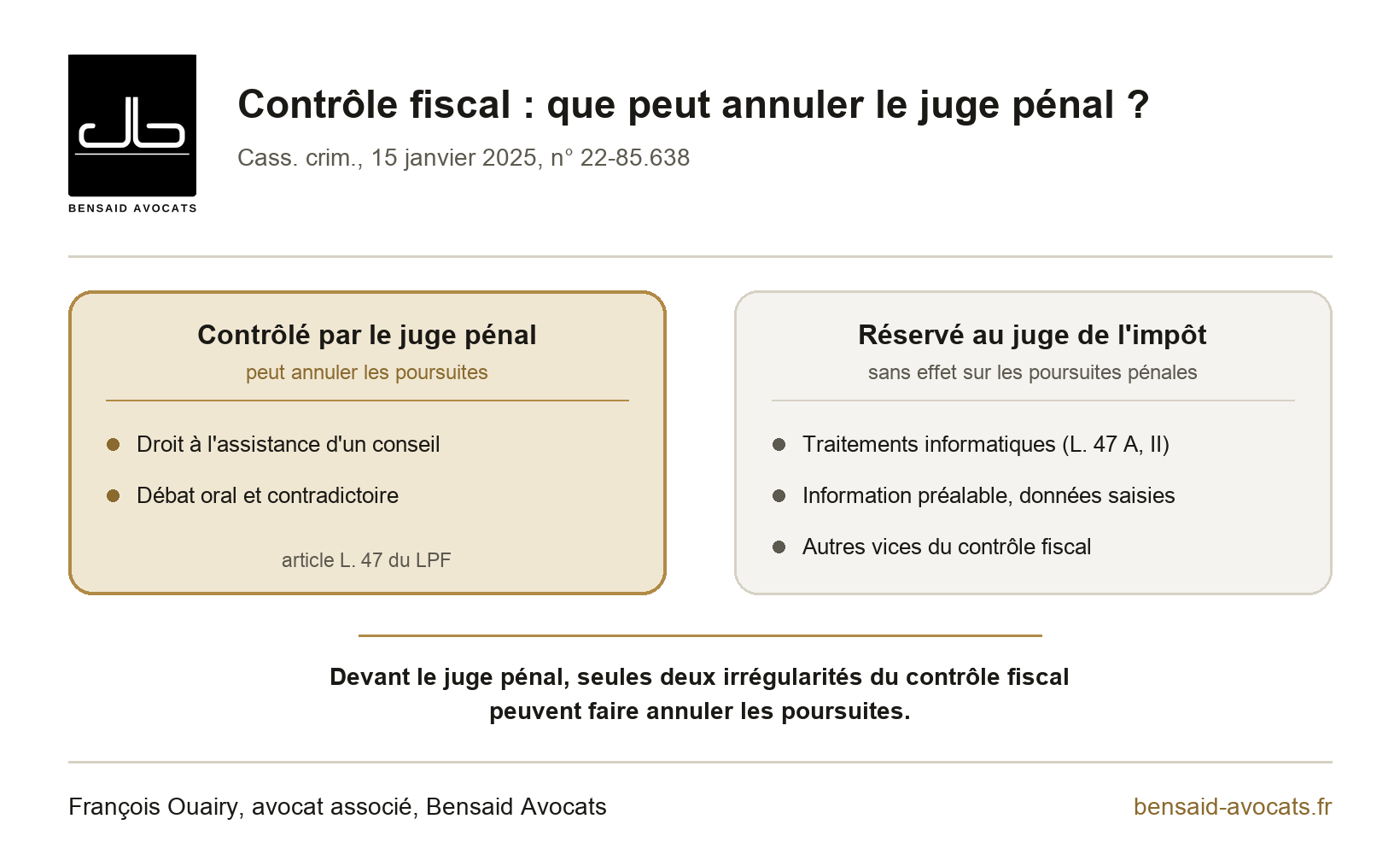 Contrôle fiscal irrégulier : quelles nullités peut-on invoquer devant le juge pénal ? (Cass. crim., 15 janvier 2025)