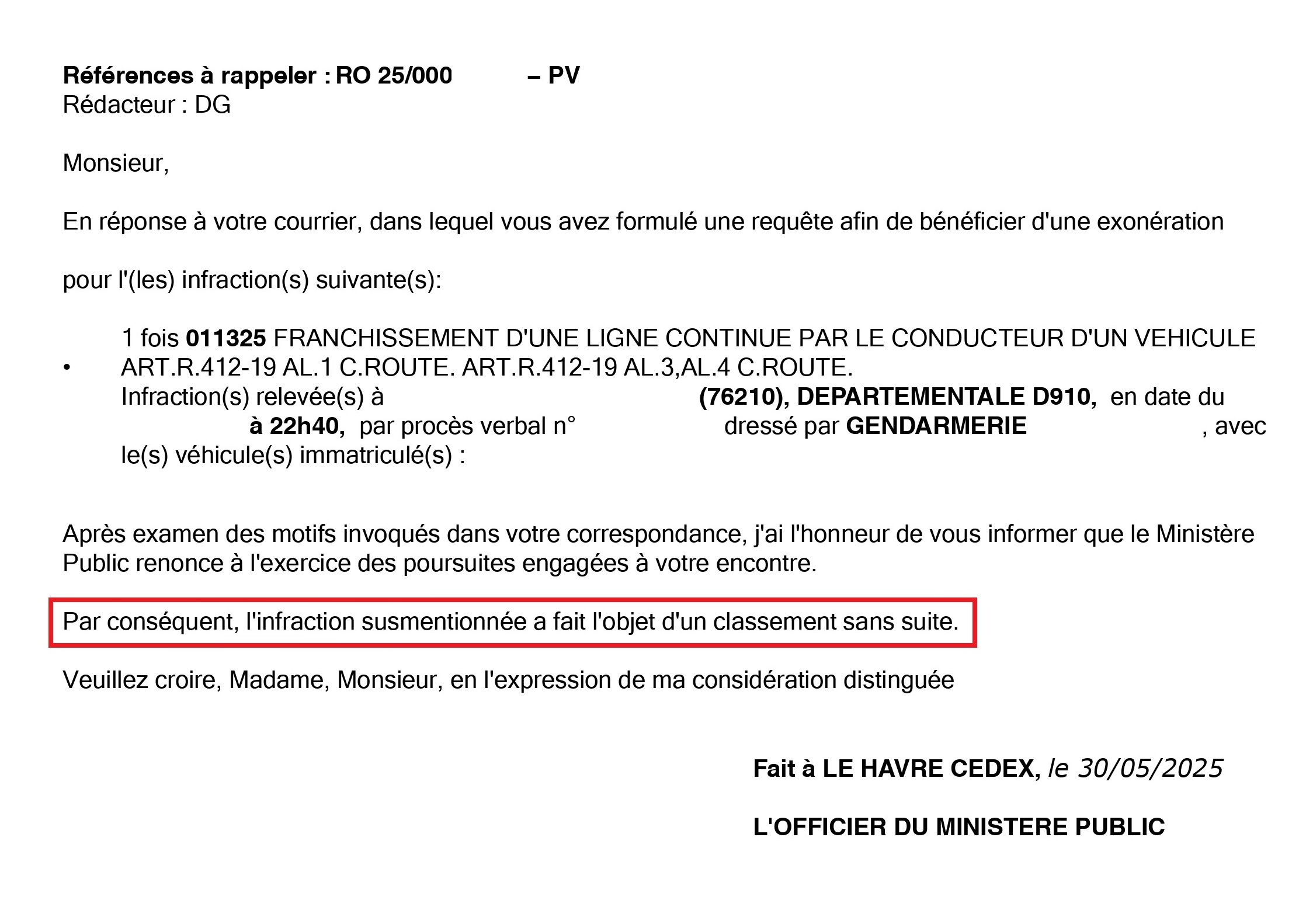 Franchissement de ligne blanche en permis probatoire : classement sans suite grâce à ma contestation !