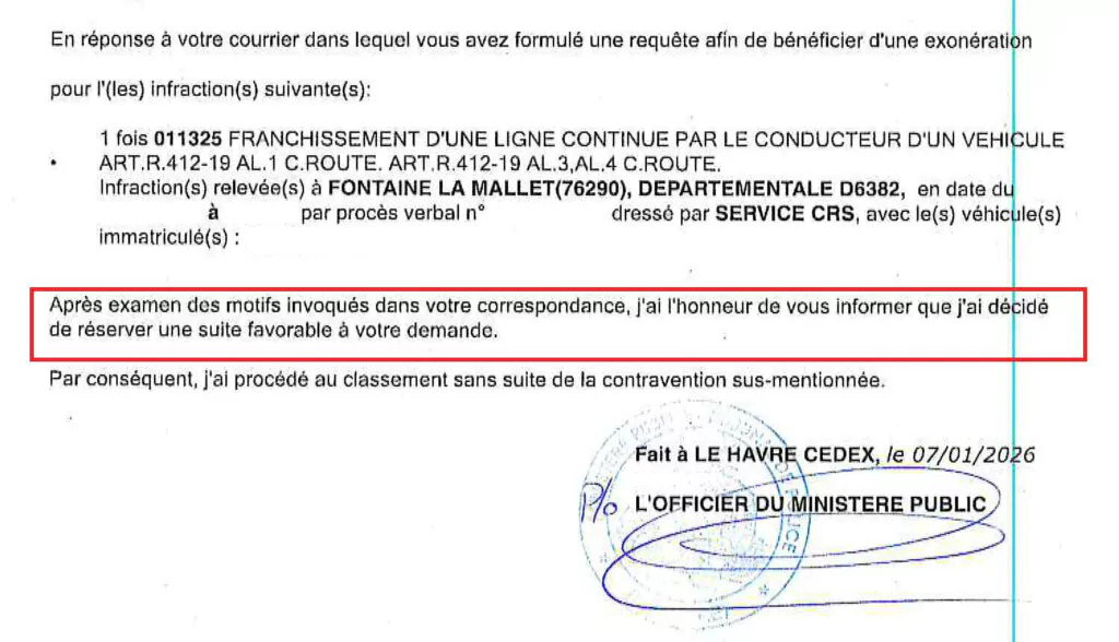 Franchissement de ligne blanche : amende annulée et aucun point perdu