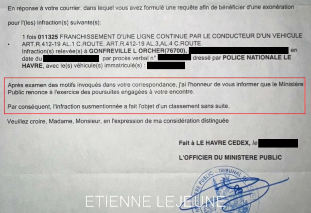 PV ligne blanche contesté : infraction classée sans suite après vérification du lieu