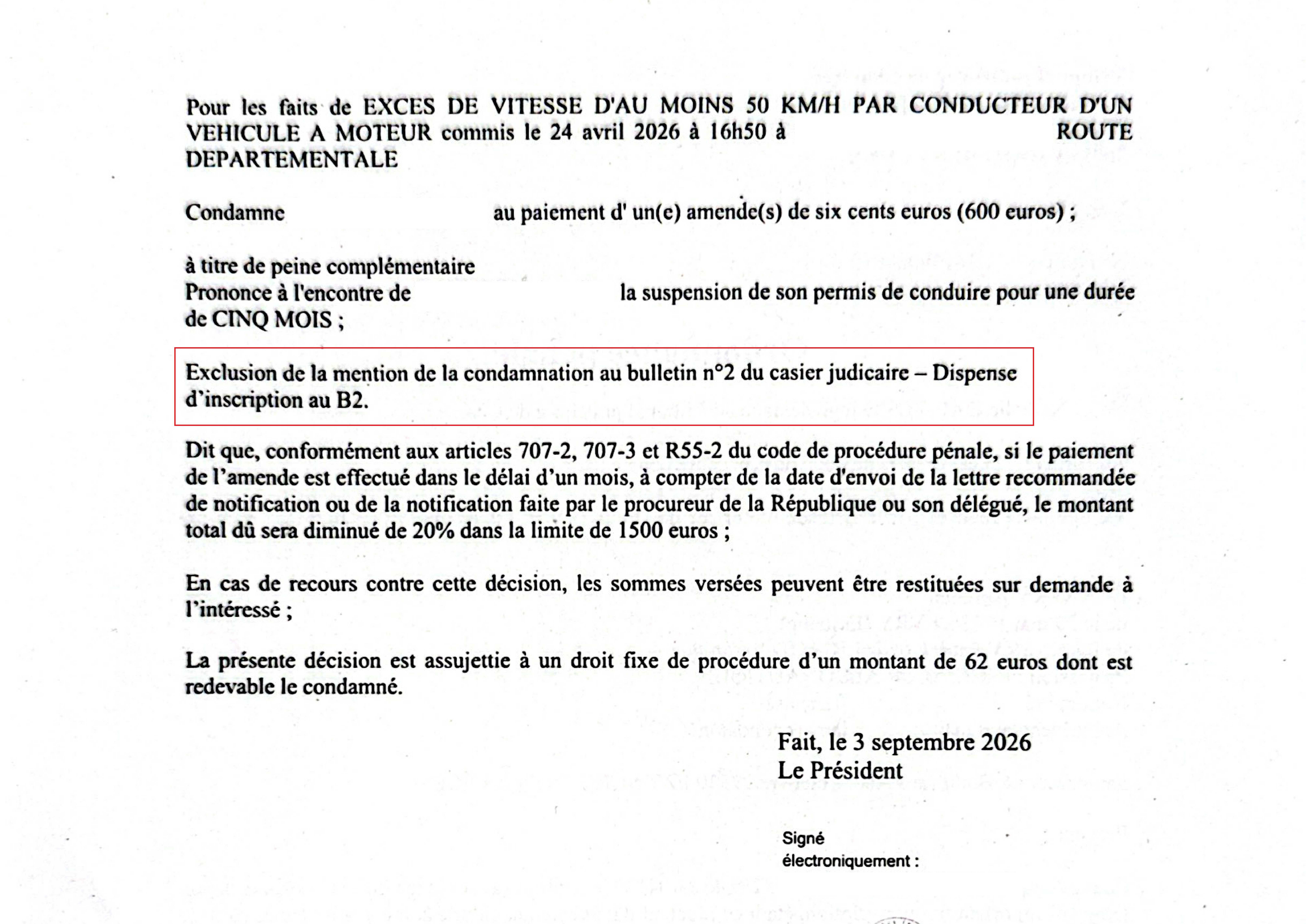 Grand excès de vitesse à Chartres : une condamnation sans inscription au bulletin n°2